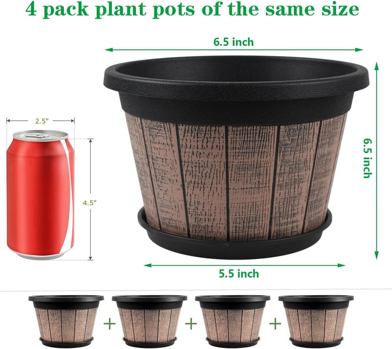 Quarut 4 Pack 8 inch Plant Pot,Upgrade Whiskey Barrel Planters with Drainage Holes & Saucer,Plastic Decoration Flower Pots Retro Design,Planters for Outdoor Indoor Garden Home Plants (Brown) - Image 2